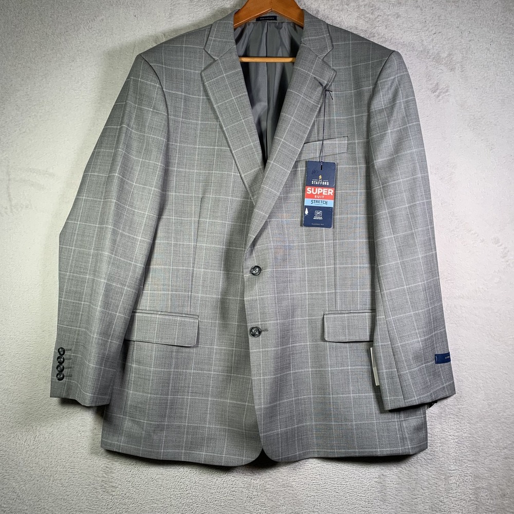 Stafford Suit Jacket Mens 50R Light Gray Blue Plaid Super Suit Classic Fit FLAW